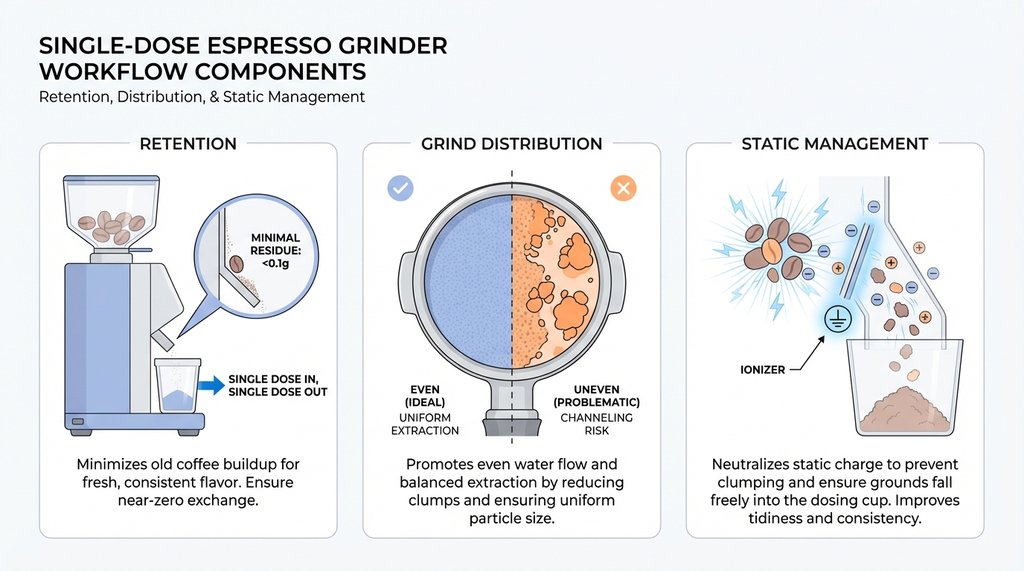 Infographic showing the three-part single-dose grinder system: retention, grind distribution, and static management
