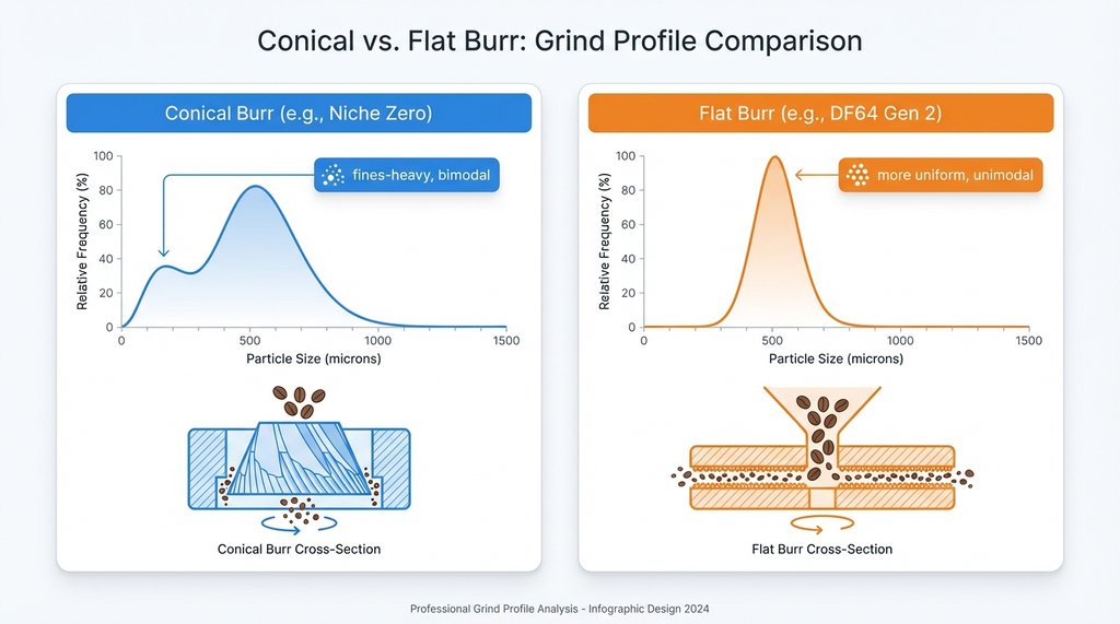 Comparison infographic of conical burr vs flat burr grinder particle size distribution