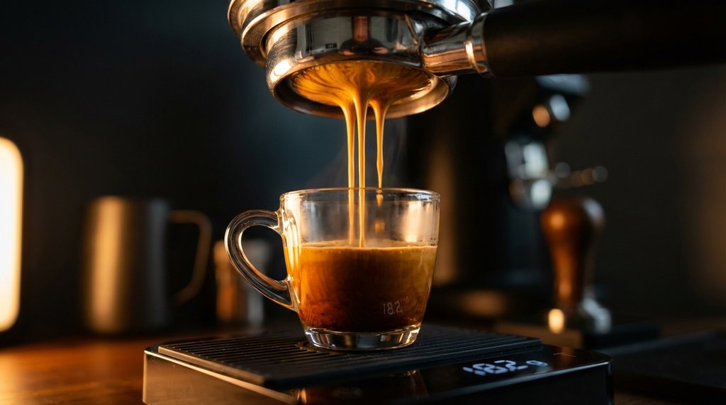 Espresso shot pulling from a portafilter into a glass demitasse on a scale