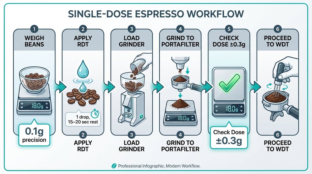 Step-by-step single-dose espresso workflow infographic