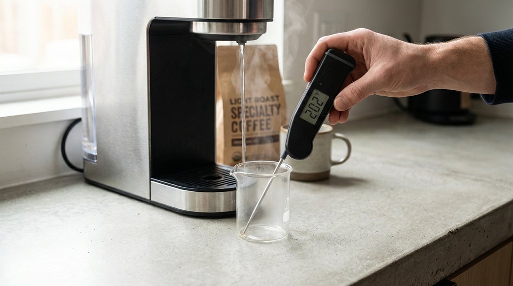 Coffee temperature testing with Thermapen at brew head