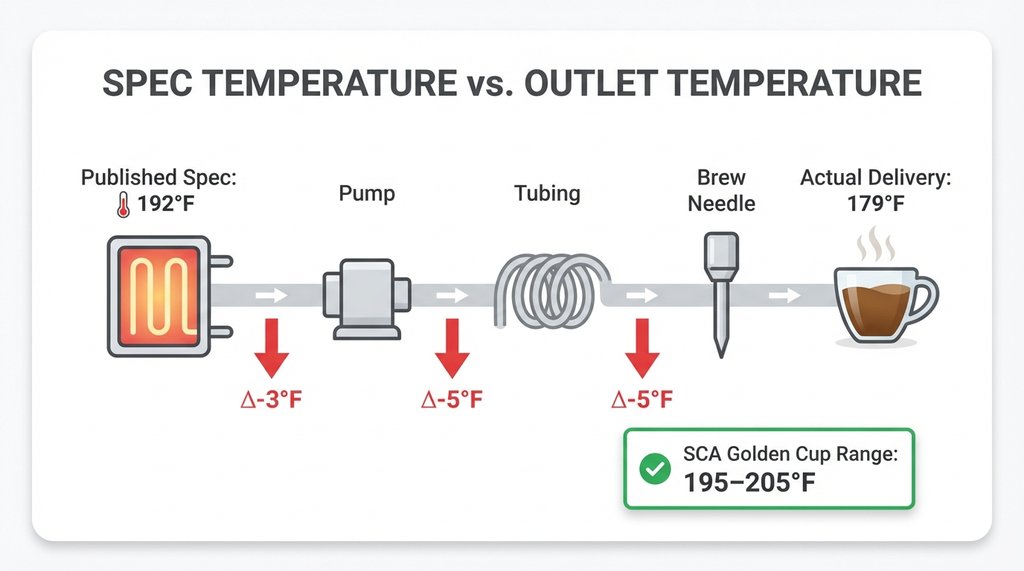 Infographic showing temperature loss from boiler to brew head in pod machines