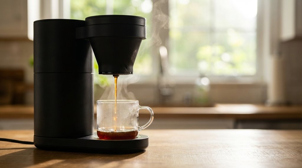 Fellow Aiden brewer brewing a single cup of light roast coffee