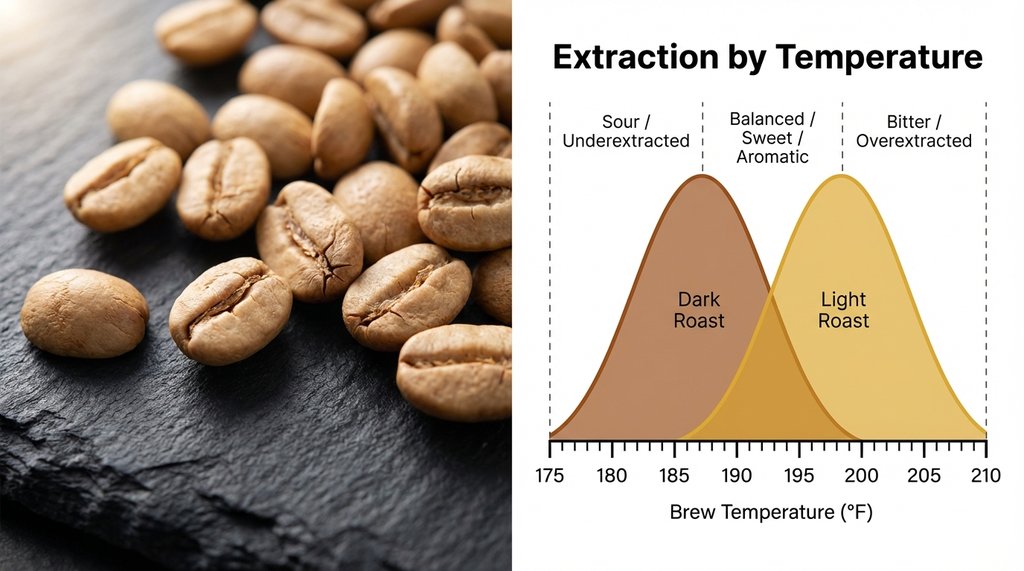 Light roast specialty coffee beans close up with extraction flavor diagram