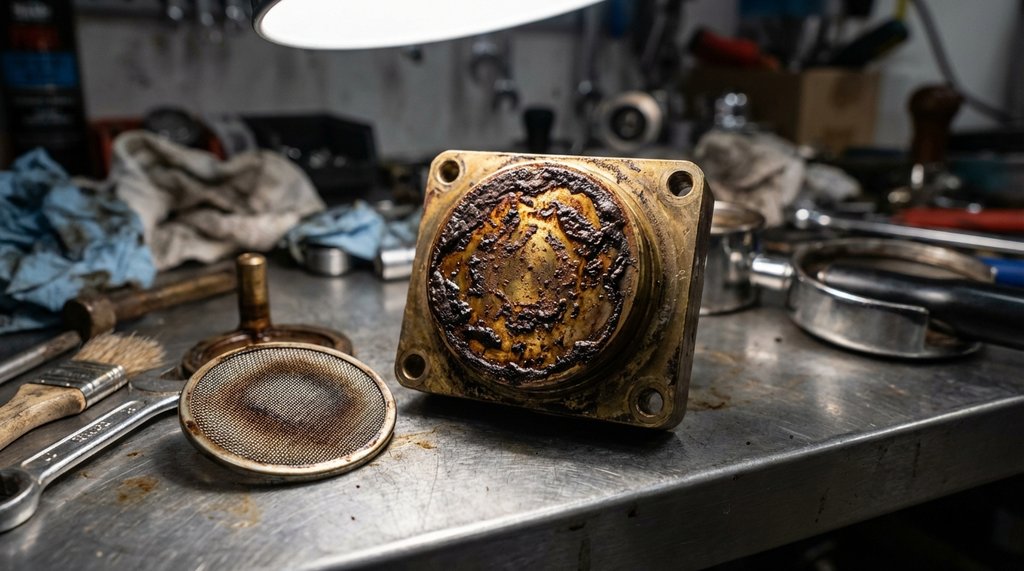 Neglected espresso machine group head with oil buildup