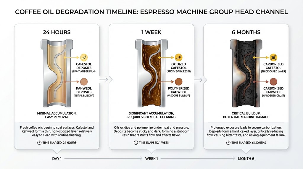 Infographic of coffee oil polymerization timeline inside group head
