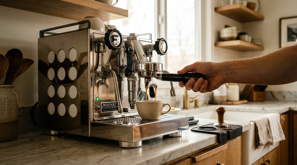 Clean well-maintained espresso machine group head with latte being pulled