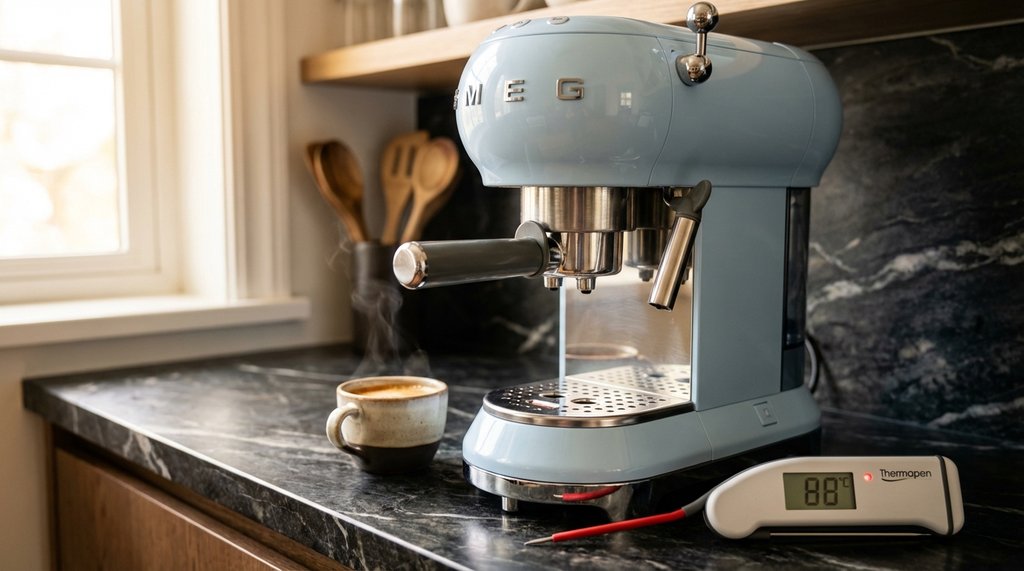 Smeg ECF01 espresso machine with thermometer showing temperature reading