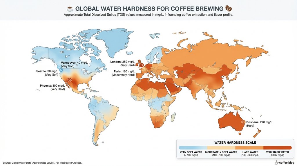 World map infographic showing water hardness levels by region
