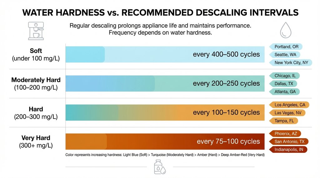 Infographic chart showing descaling frequency by water hardness level