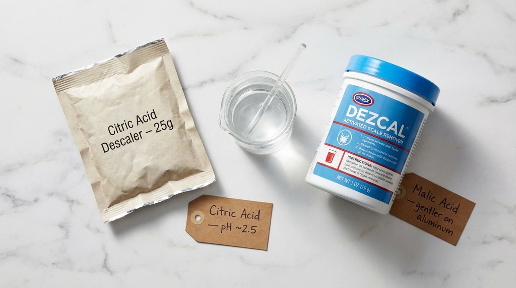 Descaler products side by side with citric acid and malic acid labels