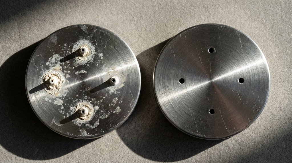 Close-up of limescale buildup on a coffee machine shower plate