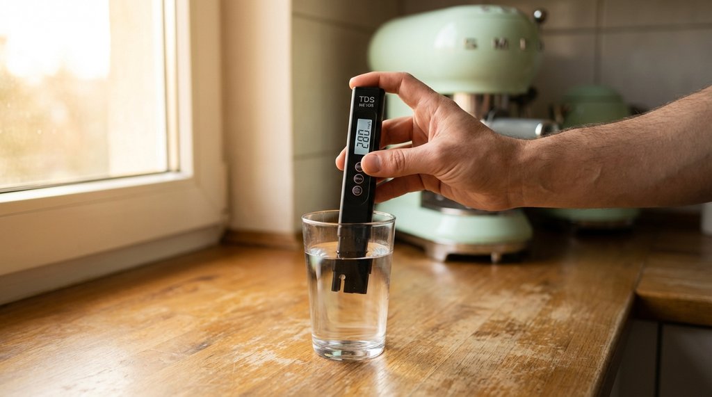 TDS meter being used to test tap water in a kitchen
