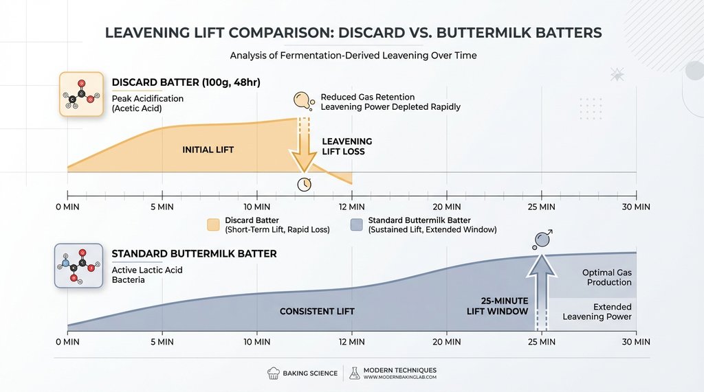 Infographic comparing leavening lift timelines for discard vs buttermilk batter