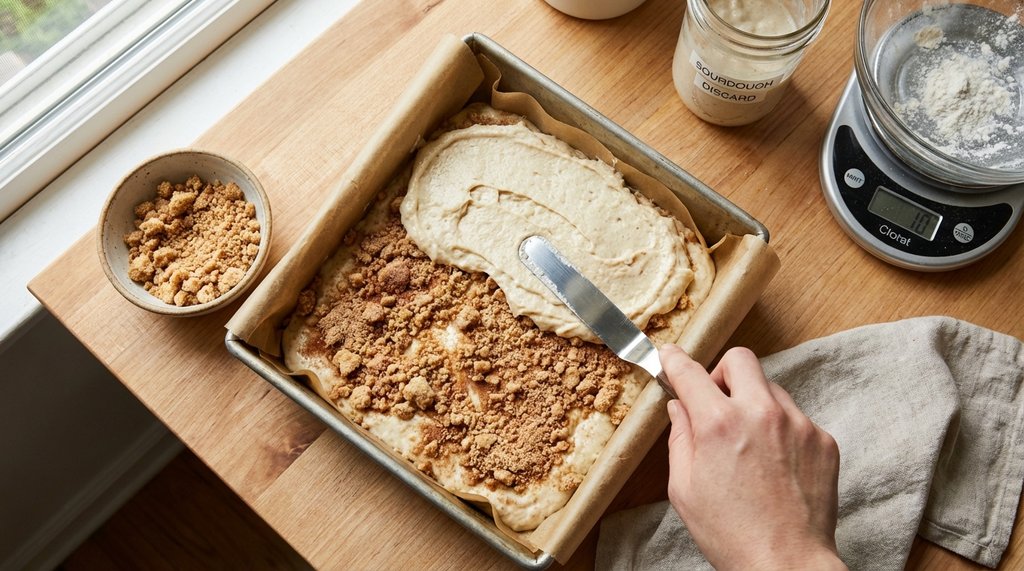 Sourdough coffee cake being assembled in a baking pan with streusel layers