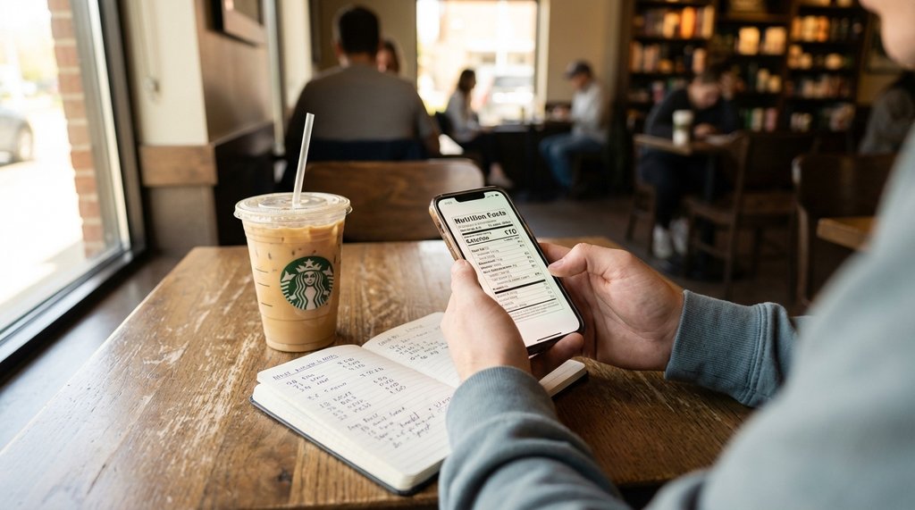 Person reviewing Starbucks nutrition data on a phone at a cafe table with an iced coffee