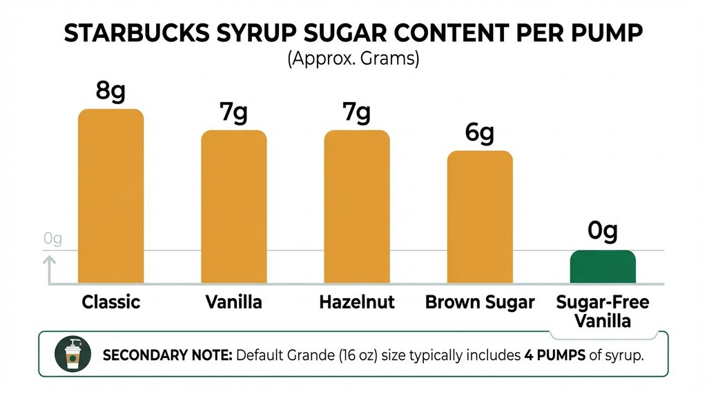Infographic comparing sugar content per syrup pump for common Starbucks syrups