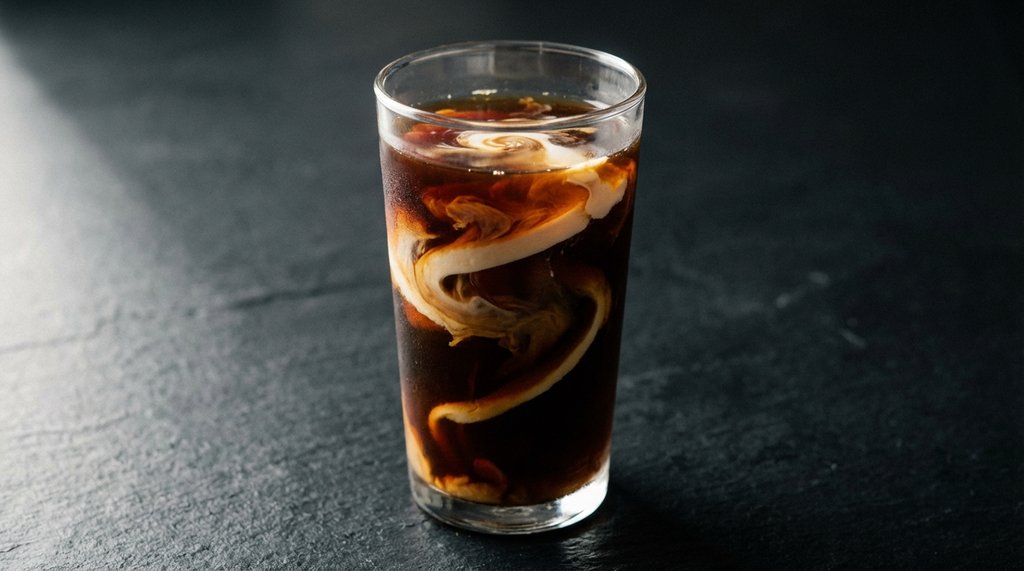 Close-up of a cold brew coffee with a swirl of heavy cream in a clear glass
