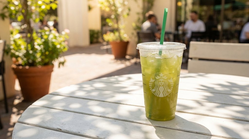 Iced green tea lemonade in a clear cup on a sunny outdoor table