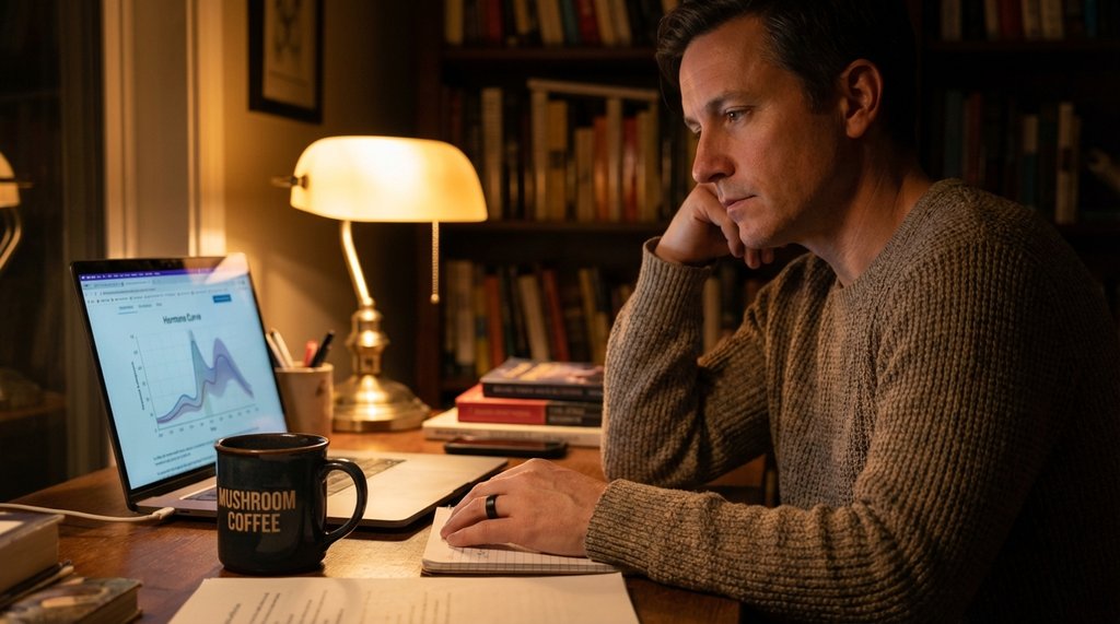 Person in their 40s reviewing health data with mushroom coffee