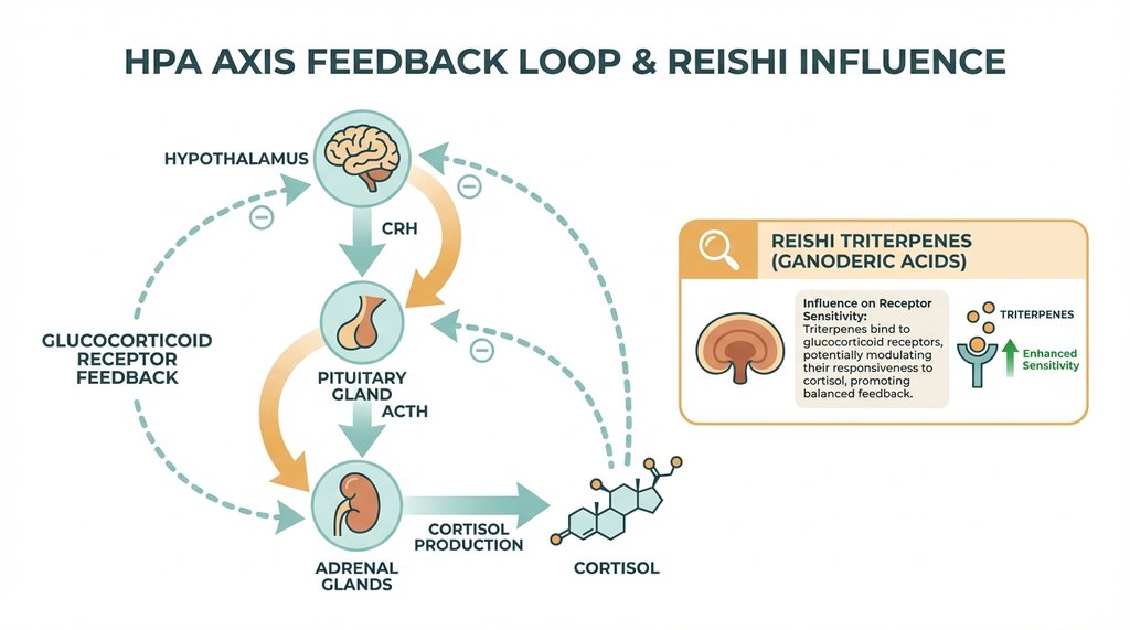 HPA axis cortisol regulation infographic with Reishi mechanism