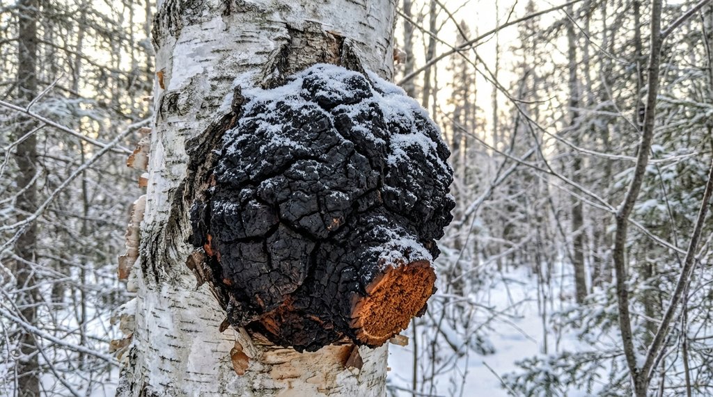 Wild Chaga mushroom on birch tree in boreal forest