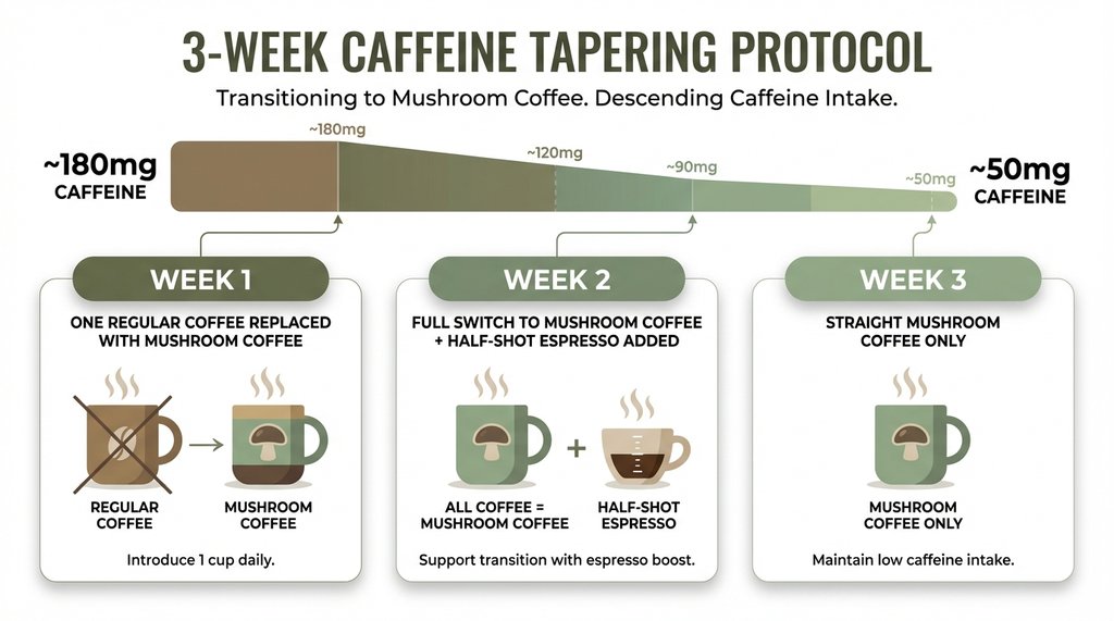Caffeine tapering protocol infographic for switching to mushroom coffee