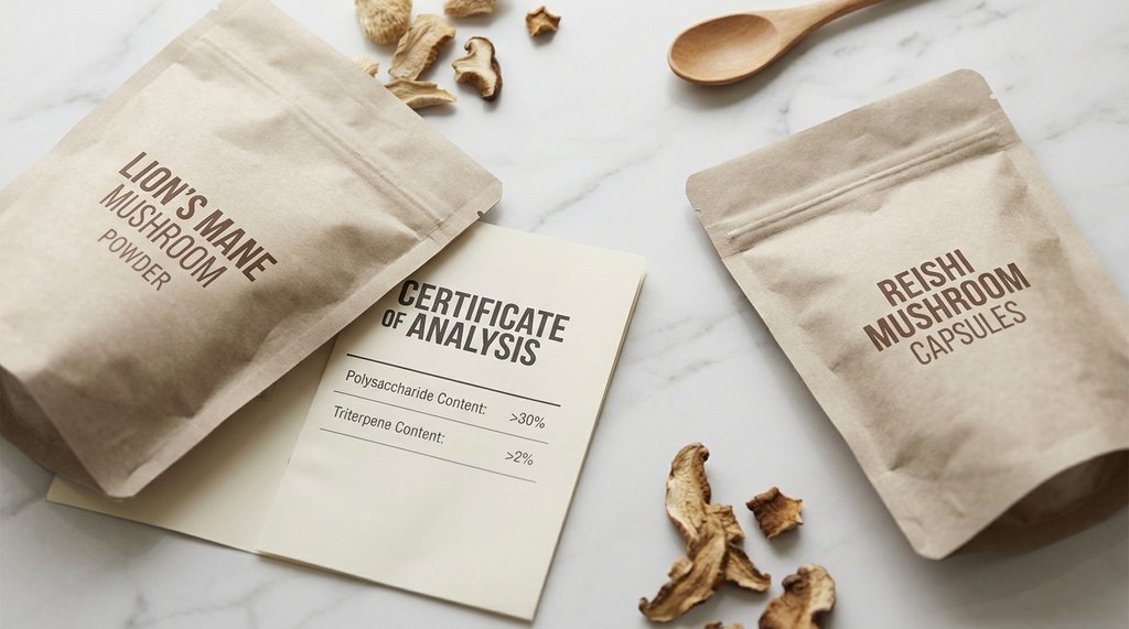 Mushroom supplement COA label comparison showing polysaccharide and triterpene content