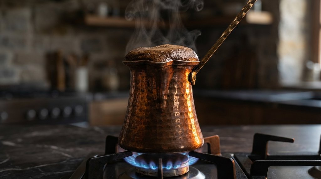 Turkish coffee brewing in a traditional copper cezve