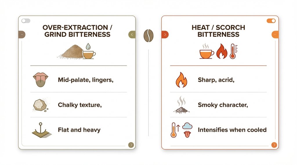Infographic comparing over-extraction bitterness vs heat bitterness in Turkish coffee