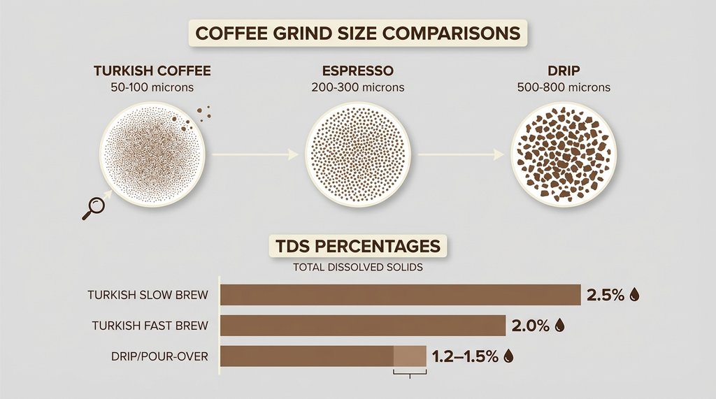 Infographic showing coffee grind size comparison and TDS extraction levels