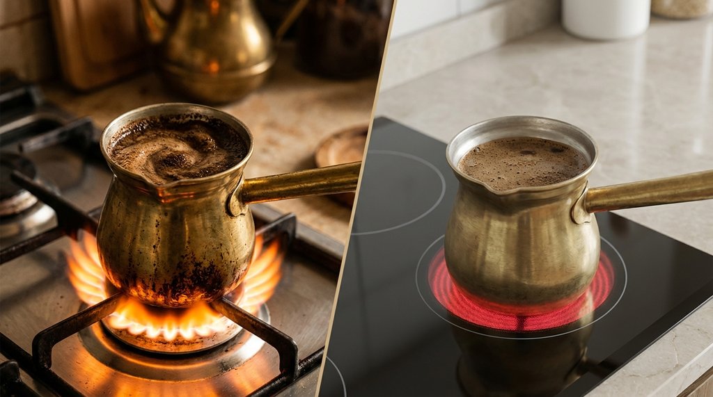 Cezve on induction cooktop with heat diffuser comparison