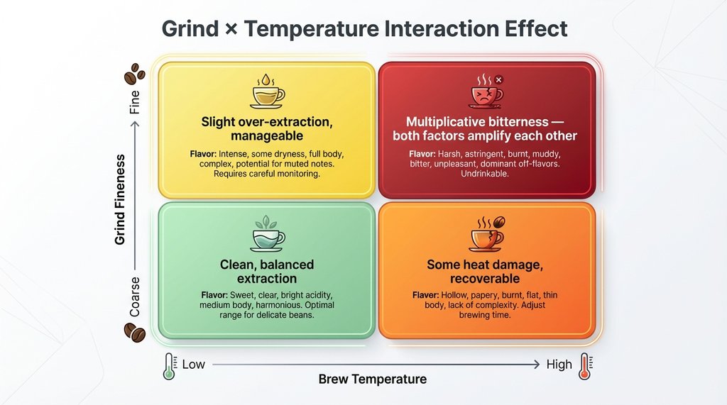 Infographic showing multiplicative interaction between grind fineness and brew temperature