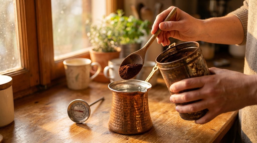 Person adding coffee grounds to cold water in a cezve for cold-start brewing