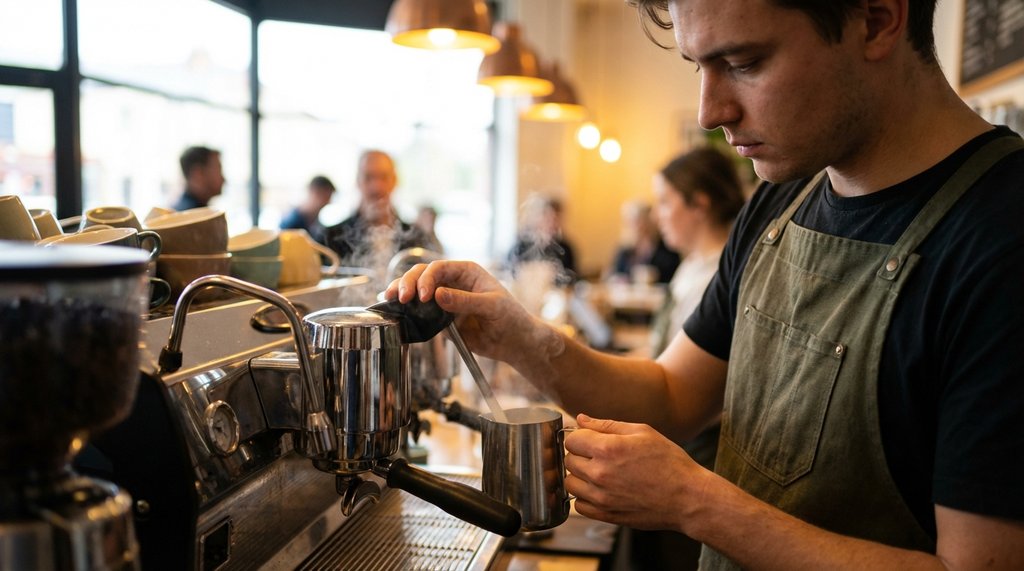 Busy Starbucks barista at steam wand during morning rush