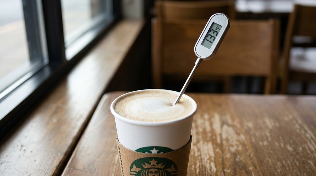 Close-up of a handheld milk thermometer inserted into a latte cup