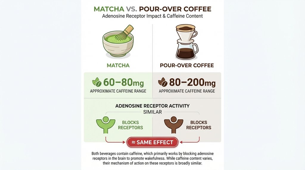 Side by side matcha vs coffee caffeine content infographic