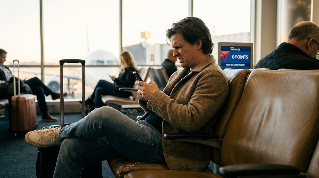 Frustrated customer checking loyalty app at airport