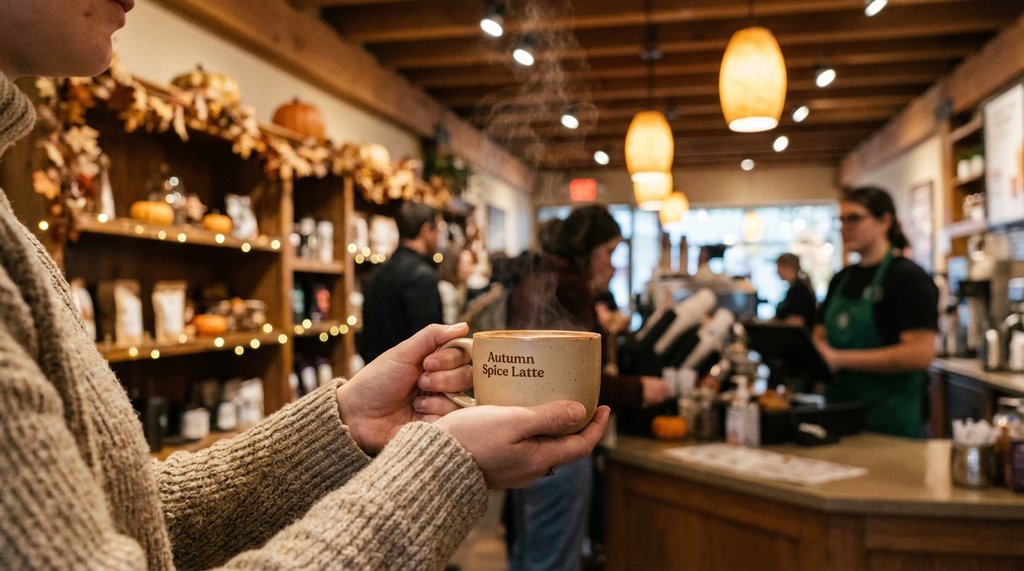 Cozy coffee shop scene during fall and winter season